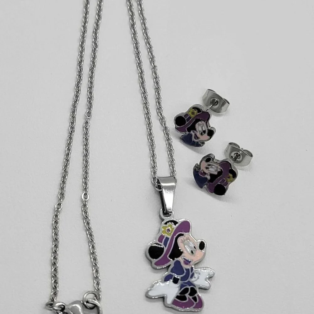 Stainless Steel Minnie Mouse in Purple earrings and necklace